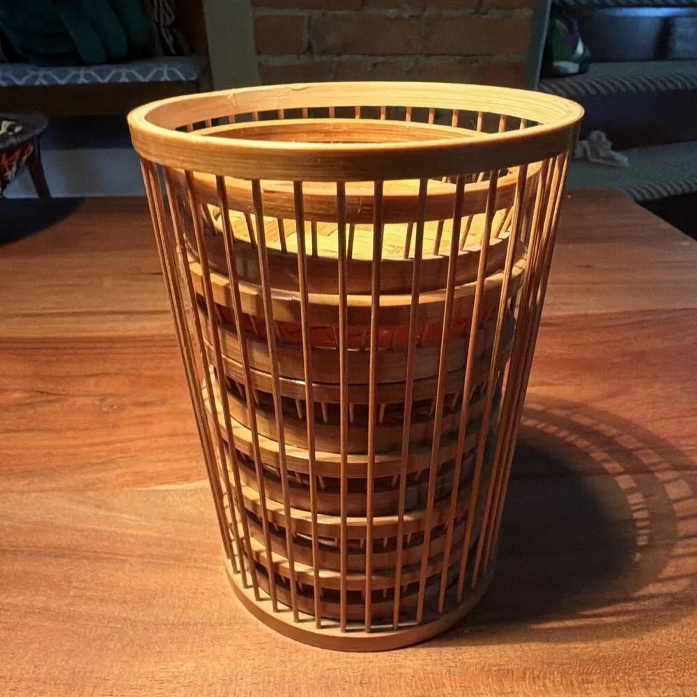MCM/Rustic Bamboo Woven Round Coaster & Holder Set of 6 Stackable with Rack